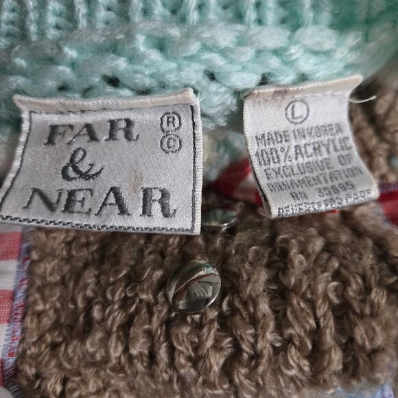 Vintage Far Near Teddy Bear 3D Sweater Green Pastel Textured Camp Novelty Large - Picture 7 of 16